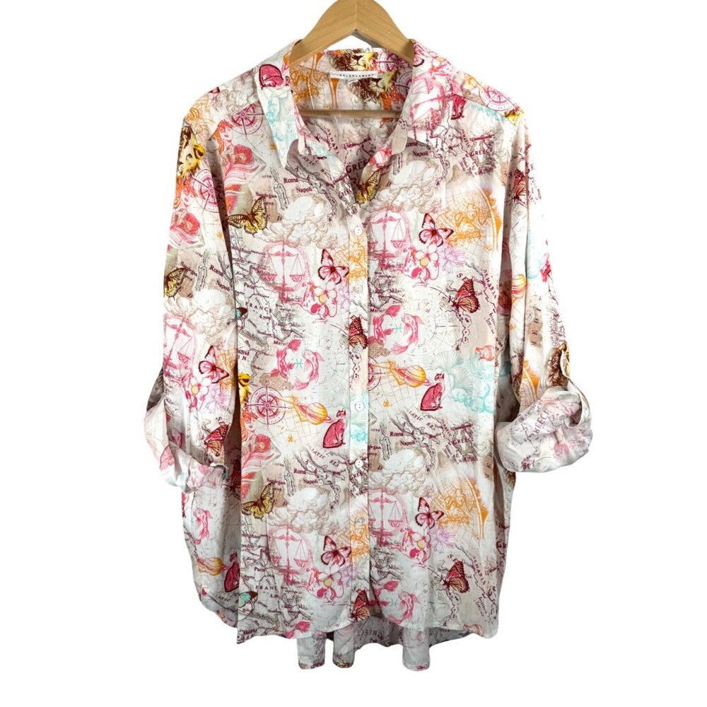 Jane + Delancey colorful‎ novelty print button shirt boho retro sz 2X
